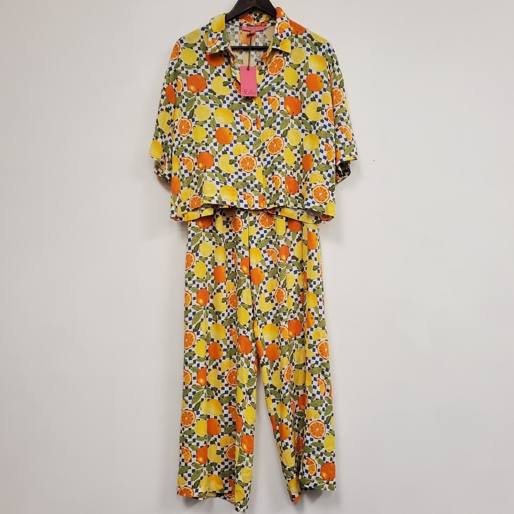 Rose & Olive Womens Fruit Print Shirt &‎ Pants Pajama Set Size L Comfort Leisure